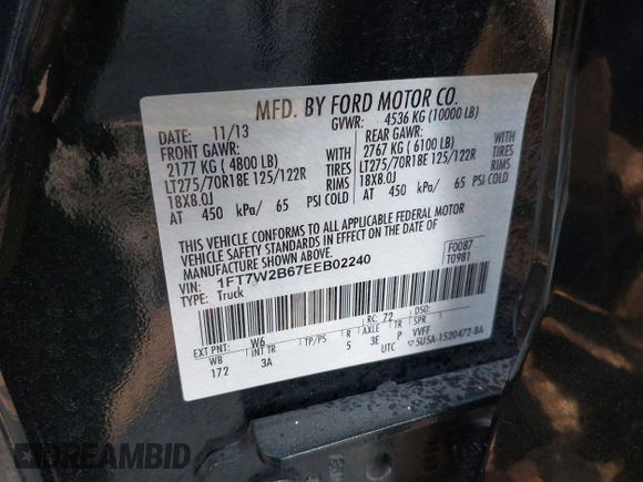 2014 Ford Super Duty F-250 SRW XL with VIN 1FT7W2B67EEB02240, listed as a IAAI auction lot 41448516 with 36,584 mi miles. Bid and sale history available at carsss.com. Image 9.
