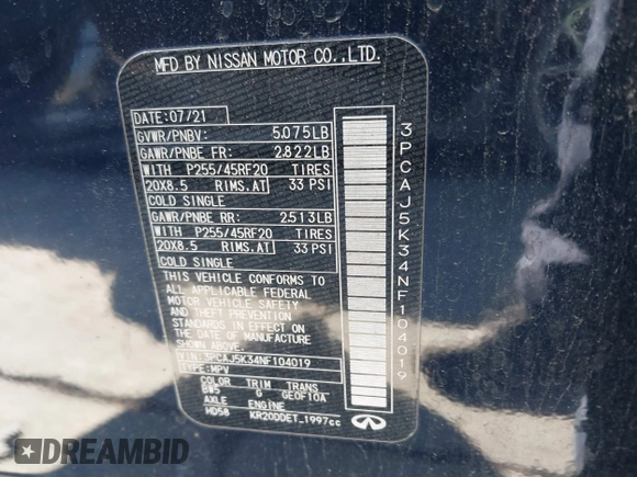 2022 Infiniti QX55 Essential with VIN 3PCAJ5K34NF104019, listed as a IAAI auction lot 41603319 with 78,698 mi miles and . Bid and sale history available at DreamBid. Image 9.