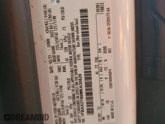 2021 Ford Transit Passenger XL z VIN 1FBAX2Y80MKA30829, wystawiony jako Copart lot #86260144 z przebiegiem 110 572 mil mil oraz Szkoda całkowita • Salvage title. Historia ofert i sprzedaży dostępna na DreamBid. Obrazek 13.