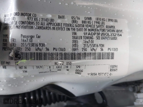 2016 Ford Focus SE с VIN 1FADP3F20GL332154, выставлен на аукционе IAAI как лот 41068931 с пробегом Не указан миль и . История ставок и продаж доступна на DreamBid. Изображение 9.