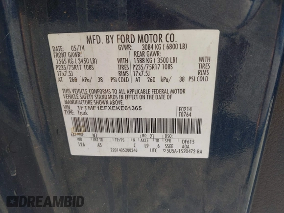2014 Ford F-150 XL with VIN 1FTMF1EFXEKE61365, listed as a IAAI auction lot 40966472 with 174,372 mi miles and . Bid and sale history available at DreamBid. Image 9.
