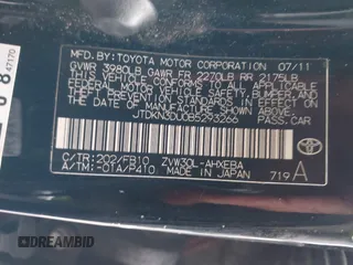 2011 Toyota Prius I with VIN JTDKN3DU0B5293266, listed as a IAAI auction lot 41160934 with 163,049 mi miles and . Bid and sale history available at DreamBid. Image 9.