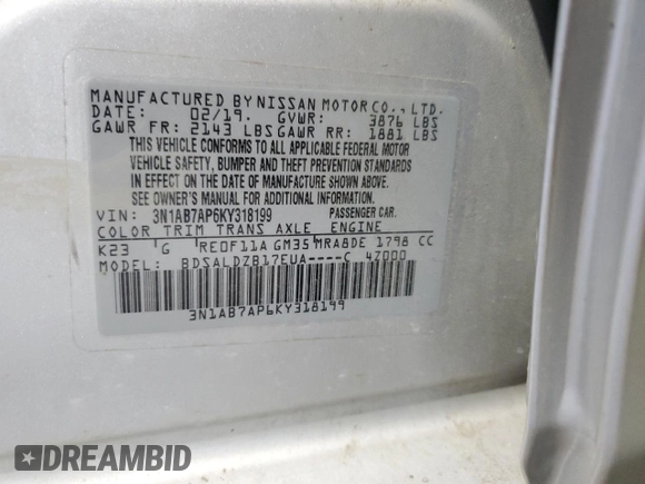 2019 Nissan Sentra SV with VIN 3N1AB7AP6KY318199, listed as a Copart auction lot 52777755 with 89,144 mi miles and Salvage Title. Bid and sale history available at carsss.com. Image 14.