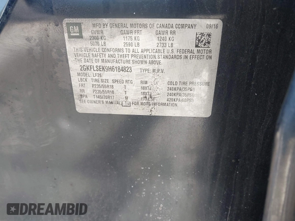 2017 GMC Terrain SLE with VIN 2GKFLSEK9H6184823, listed as a IAAI auction lot 41419953 with 1 mi miles. Bid and sale history available at carsss.com. Image 9.
