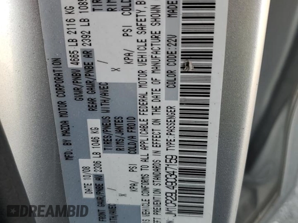 2009 Mazda 5 Sport with VIN JM1CR29L490347159, listed as a Copart auction lot 86922364 with 144,390 mi miles and Salvage title. Bid and sale history available at DreamBid. Image 15.