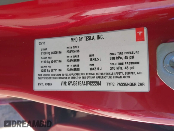 2018 Tesla Model 3 Long Range Battery z VIN 5YJ3E1EA4JF022284, wystawiony jako IAAI lot #41422203 z przebiegiem 71 521 mil mil oraz . Historia ofert i sprzedaży dostępna na DreamBid. Obrazek 9.