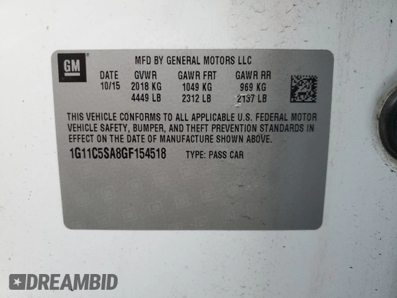 2016 Chevrolet Malibu LT with VIN 1G11C5SA8GF154518, listed as a Copart auction lot 52673145 with 95,041 mi miles and Salvage Title. Bid and sale history available at carsss.com. Image 12.