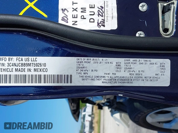 2021 Jeep Compass Latitude с VIN 3C4NJCBB9MT592610, выставлен на аукционе IAAI как лот 37480459 с пробегом 47 607 миль миль и . История ставок и продаж доступна на DreamBid. Изображение 9.