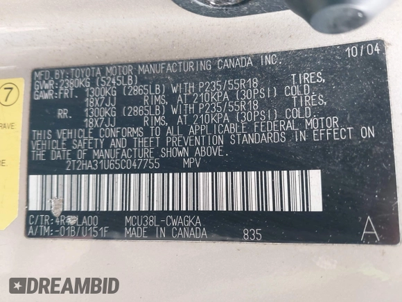 2005 Lexus RX 330 with VIN 2T2HA31U65C047755, listed as a IAAI auction lot 42043942 with 301,840 mi miles. Bid and sale history available at carsss.com. Image 9.