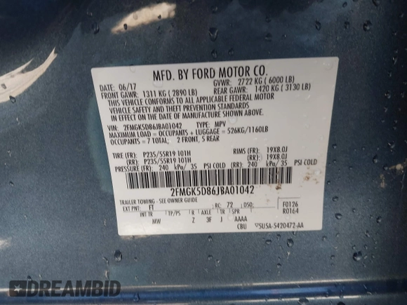2018 Ford Flex Limited with VIN 2FMGK5D86JBA01042, listed as a IAAI auction lot 42050794 with 116,927 mi miles. Bid and sale history available at carsss.com. Image 9.