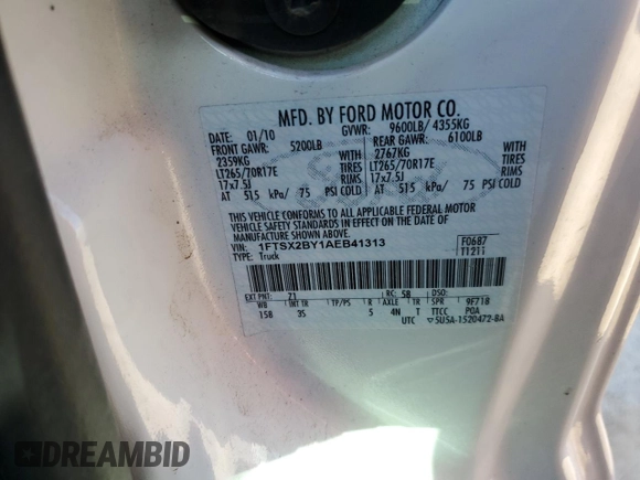 2010 Ford F-250 XL z VIN 1FTSX2BY1AEB41313, wystawiony jako Copart lot #48848615 z przebiegiem Nie podano mil oraz Szkody całkowita. Historia ofert i sprzedaży dostępna na DreamBid. Obrazek 12.