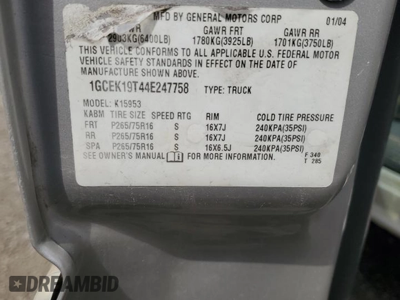 2004 Chevrolet Silverado 1500 Z71 with VIN 1GCEK19T44E247758, listed as a Copart auction lot 55404835 with 198,254 mi miles and Salvage Title. Bid and sale history available at DreamBid. Image 12.