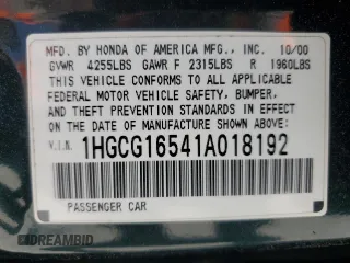 2001 Honda Accord EX z VIN 1HGCG16541A018192, wystawiony jako Copart lot #57105765 z przebiegiem 173 270 mil mil oraz Szkoda całkowita • Salvage title. Historia ofert i sprzedaży dostępna na DreamBid. Obrazek 12.