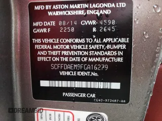 2015 Aston Martin DB9 z VIN SCFFDAEM9FGA16279, wystawiony jako Copart lot #81886554 z przebiegiem 25 029 mil mil oraz Szkody całkowita. Historia ofert i sprzedaży dostępna na DreamBid. Obrazek 12.