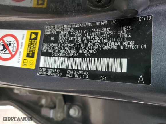 2013 Toyota Highlander with VIN 5TDZK3EH4DS106486, listed as a Copart auction lot 51058255 with 127,510 mi miles and Salvage Title. Bid and sale history available at carsss.com. Image 13.