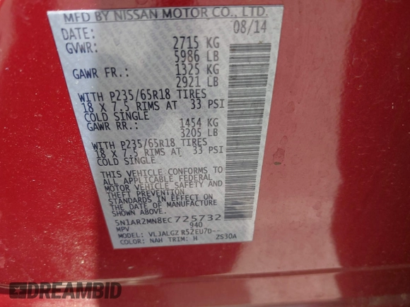 2014 Nissan Pathfinder SL with VIN 5N1AR2MN8EC725732, listed as a IAAI auction lot 42215625 with 110,641 mi miles and . Bid and sale history available at DreamBid. Image 9.