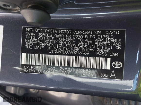 2010 Toyota Prius II with VIN JTDKN3DU7A0216969, listed as a IAAI auction lot 42238019 with 341,233 mi miles and . Bid and sale history available at DreamBid. Image 9.