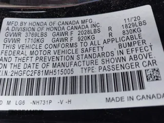 2021 Honda Civic Sport with VIN 2HGFC2F81MH515005, listed as a IAAI auction lot 41725843 with 43,583 mi miles and . Bid and sale history available at DreamBid. Image 9.