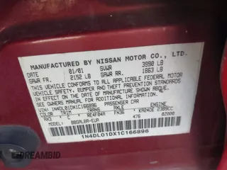 2001 Nissan Altima GXE with VIN 1N4DL01DX1C166896, listed as a IAAI auction lot 41335212 with 163,236 mi miles. Bid and sale history available at carsss.com. Image 9.