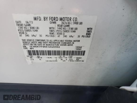2014 Ford Explorer Limited with VIN 1FM5K7F95EGA20592, listed as a Copart auction lot 87356504 with 162,094 mi miles and Clean Title. Bid and sale history available at DreamBid. Image 13.