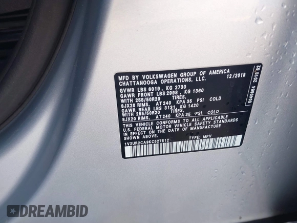 2019 Volkswagen Atlas SE with VIN 1V2UR2CA9KC527512, listed as a IAAI auction lot 41882212 with 102,765 mi miles and . Bid and sale history available at DreamBid. Image 9.