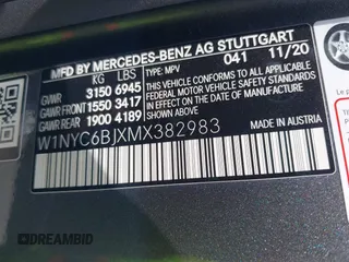 2021 Mercedes-Benz G 550 with VIN W1NYC6BJXMX382983, listed as a IAAI auction lot 42032687 with 22,835 mi miles and . Bid and sale history available at DreamBid. Image 9.