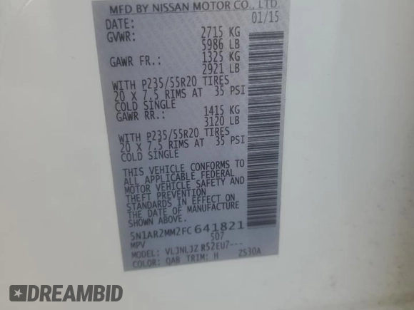2015 Nissan Pathfinder Platinum z VIN 5N1AR2MM2FC641821, wystawiony jako Copart lot #55228915 z przebiegiem 270 956 mil mil oraz Szkoda całkowita • Salvage title. Historia ofert i sprzedaży dostępna na DreamBid. Obrazek 14.