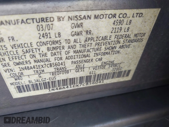 2007 Nissan Maxima 3.5 SL with VIN 1N4BA41EX7C856041, listed as a IAAI auction lot 41870443 with 208,737 mi miles. Bid and sale history available at carsss.com. Image 9.