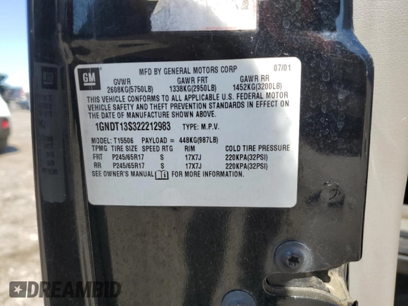 2002 Chevrolet TrailBlazer LTZ with VIN 1GNDT13S322212983, listed as a Copart auction lot 53608405 with 107,187 mi miles and Salvage Title. Bid and sale history available at DreamBid. Image 13.