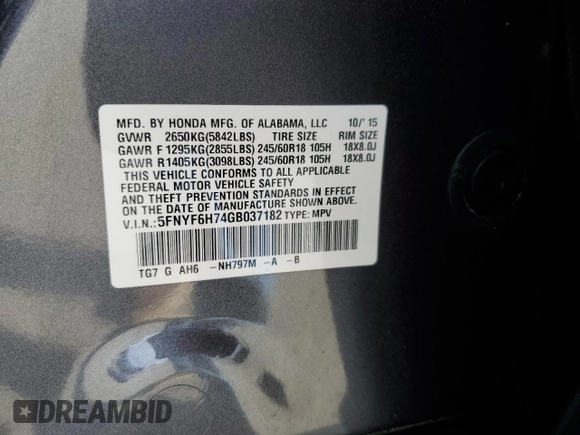 2016 Honda Pilot EX-L with VIN 5FNYF6H74GB037182, listed as a Copart auction lot 51088915 with 118,018 mi miles and Salvage Title. Bid and sale history available at carsss.com. Image 12.