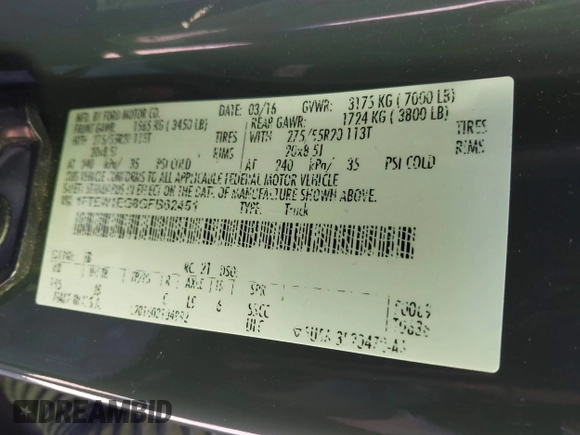 2016 Ford F-150 XLT with VIN 1FTEW1EG8GFB62451, listed as a IAAI auction lot 41653235 with 184,453 mi miles and . Bid and sale history available at DreamBid. Image 9.