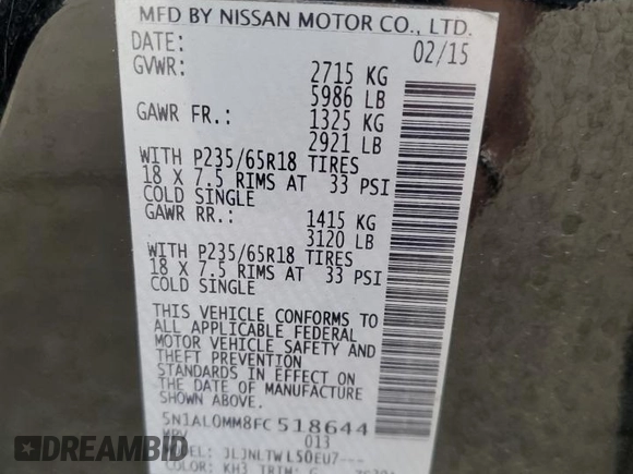 2015 Infiniti QX60 with VIN 5N1AL0MM8FC518644, listed as a Copart auction lot 52894045 with 172,910 mi miles and Salvage Title. Bid and sale history available at carsss.com. Image 15.