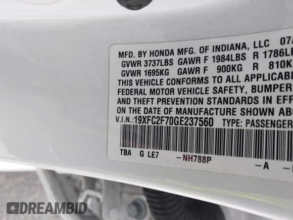 2016 Honda Civic EX with VIN 19XFC2F70GE237560, listed as a IAAI auction lot 42131803 with 189,003 mi miles and . Bid and sale history available at DreamBid. Image 9.
