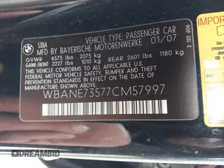 2007 BMW 5 Series 530i with VIN WBANE73577CM57997, listed as a IAAI auction lot 41461292 with 220,424 mi miles. Bid and sale history available at carsss.com. Image 9.