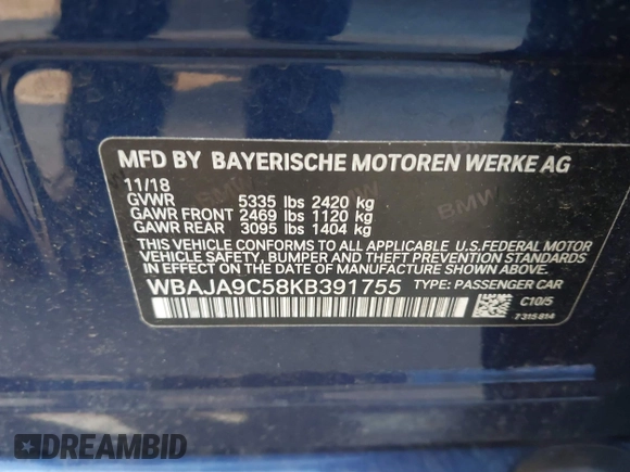 2019 BMW 5 Series 530e with VIN WBAJA9C58KB391755, listed as a IAAI auction lot 42659993 with 56,296 mi miles and . Bid and sale history available at DreamBid. Image 9.