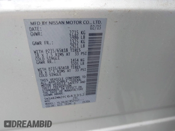 2015 Nissan Pathfinder S with VIN 5N1AR2MN2FC643352, listed as a IAAI auction lot 42065631 with 82,725 mi miles. Bid and sale history available at carsss.com. Image 9.