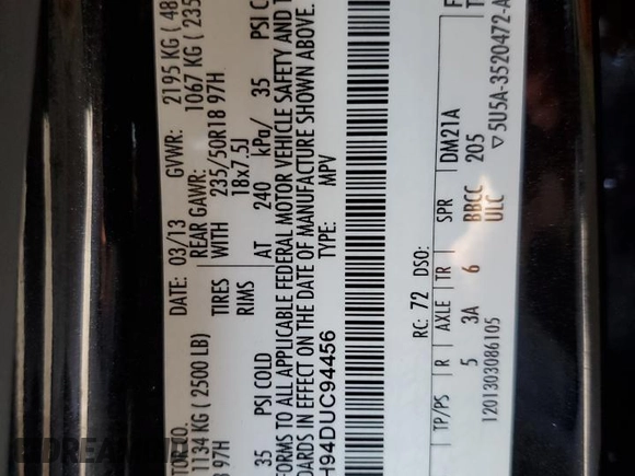 2013 Ford Escape SEL with VIN 1FMCU9H94DUC94456, listed as a Copart auction lot 63872645 with 177,099 mi miles and Salvage title. Bid and sale history available at DreamBid. Image 13.