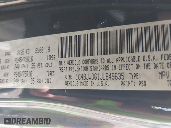 2018 Jeep Wrangler Unlimited Sport S with VIN 1C4BJWDG1JL849635, listed as a IAAI auction lot 42060964 with 60,405 mi miles and . Bid and sale history available at DreamBid. Image 9.