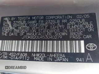 2005 Toyota Prius with VIN JTDKB20U453040279, listed as a IAAI auction lot 41335444 with 204,689 mi miles and . Bid and sale history available at DreamBid. Image 9.