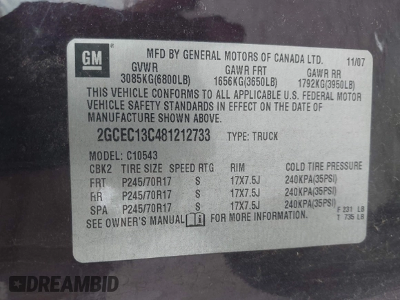2008 Chevrolet Silverado 1500 Work Truck with VIN 2GCEC13C481212733, listed as a IAAI auction lot 42091157 with 329,088 mi miles and . Bid and sale history available at DreamBid. Image 9.