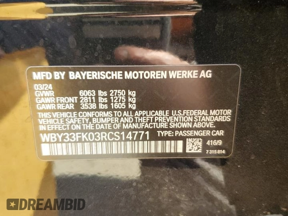 2024 BMW i5 eDrive40 with VIN WBY33FK03RCS14771, listed as a Copart auction lot 62393255 with 25,192 mi miles and Salvage title. Bid and sale history available at DreamBid. Image 12.