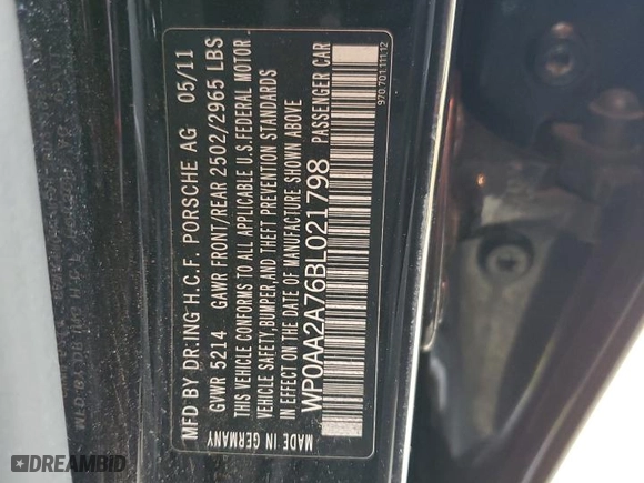 2011 Porsche Panamera with VIN WP0AA2A76BL021798, listed as a Copart auction lot 66531624 with 0 mi miles and Clean Title. Bid and sale history available at carsss.com. Image 12.