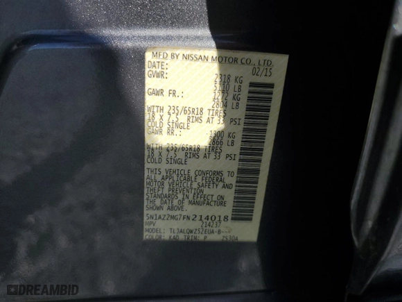 2015 Nissan Murano SL with VIN 5N1AZ2MG7FN214018, listed as a Copart auction lot 44749315 with 213,802 mi miles and Clean Title. Bid and sale history available at carsss.com. Image 13.