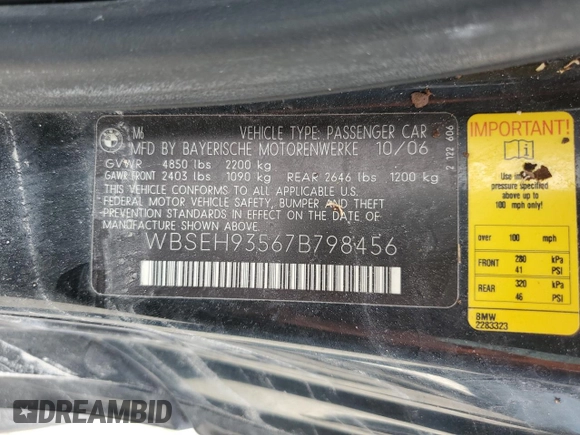 2007 BMW 6 Series M6 with VIN WBSEH93567B798456, listed as a Copart auction lot 77244804 with Not Provided miles and Salvage Title. Bid and sale history available at DreamBid. Image 12.