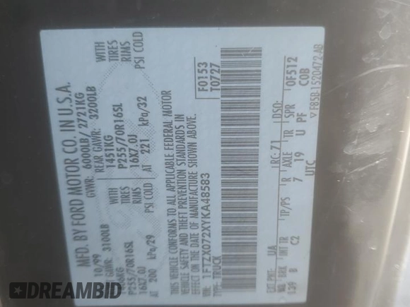 2000 Ford F-150 XL with VIN 1FTZX072XYKA48583, listed as a Copart auction lot 89140115 with Not provided miles and Salvage title. Bid and sale history available at DreamBid. Image 12.
