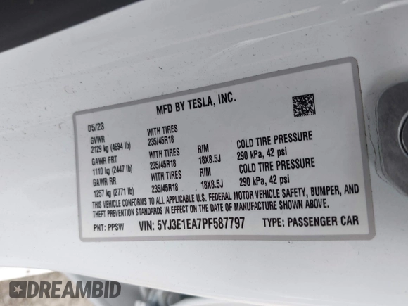 2023 Tesla Model 3 с VIN 5YJ3E1EA7PF587797, выставлен на аукционе IAAI как лот 42293954 с пробегом 22 342 миль миль и . История ставок и продаж доступна на DreamBid. Изображение 9.
