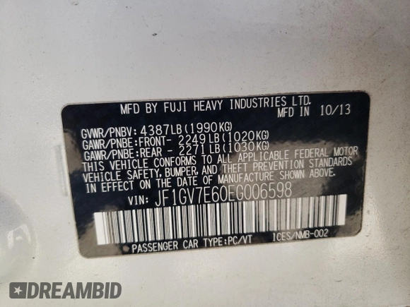2014 Subaru WRX WRX с VIN JF1GV7E60EG006598, выставлен на аукционе Copart как лот 55122285 с пробегом 179 945 миль миль и Списание • Salvage title. История ставок и продаж доступна на DreamBid. Изображение 13.