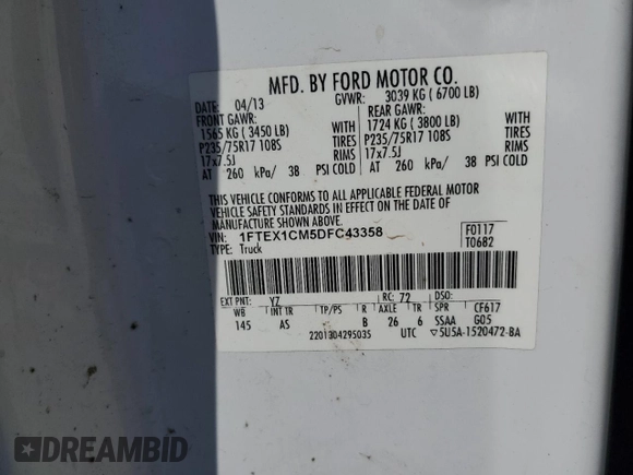 2013 Ford F-150 XL с VIN 1FTEX1CM5DFC43358, выставлен на аукционе Copart как лот 57184265 с пробегом 346 103 миль миль и Списание • Salvage title. История ставок и продаж доступна на DreamBid. Изображение 12.