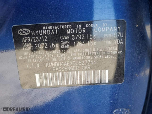 2013 Hyundai Elantra Limited with VIN KMHDH4AEXDU527744, listed as a Copart auction lot 49675565 with 141,556 mi miles and Salvage Title. Bid and sale history available at carsss.com. Image 12.