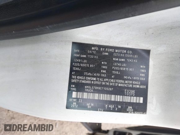 2012 Ford Transit Connect XLT с VIN NM0LS7BN9CT105287, выставлен на аукционе IAAI как лот 42073074 с пробегом Не указан миль и . История ставок и продаж доступна на DreamBid. Изображение 9.